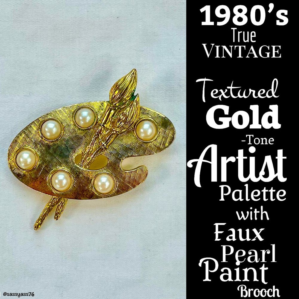 ▪️VTG▪️1980's Textured Gold-Tone Artist Palette With Faux Pearl Paint Brooch - Picture 1 of 4